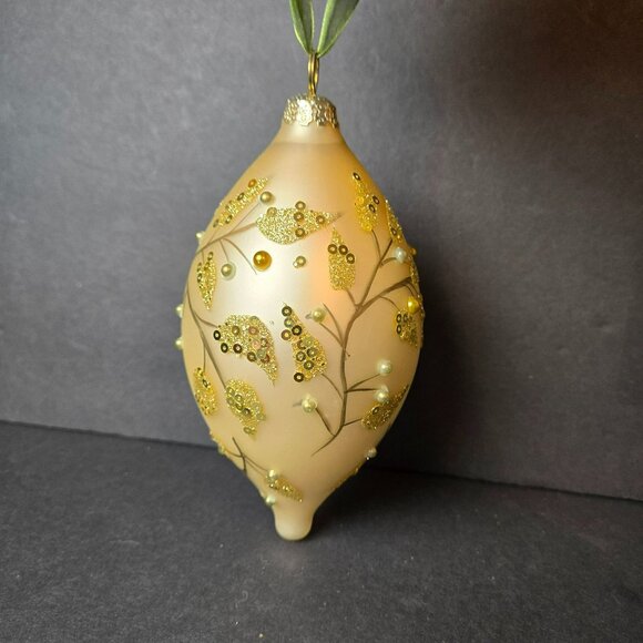 Frontgate Gold Teardrop Christmas Ornament With Pearl And Sequin Leaf Design 6" - Picture 1 of 9